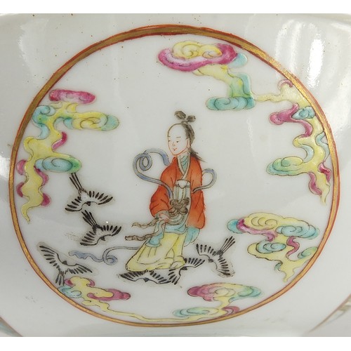 3 - Chinese porcelain bowl hand painted in the famille rose palette with panels of figures, birds and fl... 