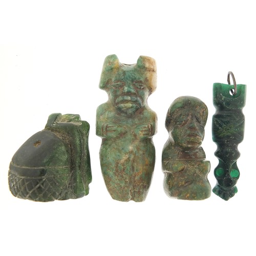 176 - Four antique green stone carvings including a Hei-tiki style pendant, the largest 5.5cm high