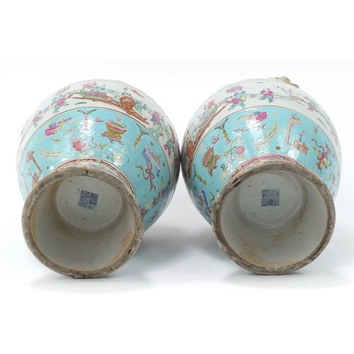 1 - Large pair of Chinese porcelain vases with animalia ring turned handles, each hand painted in the fa... 