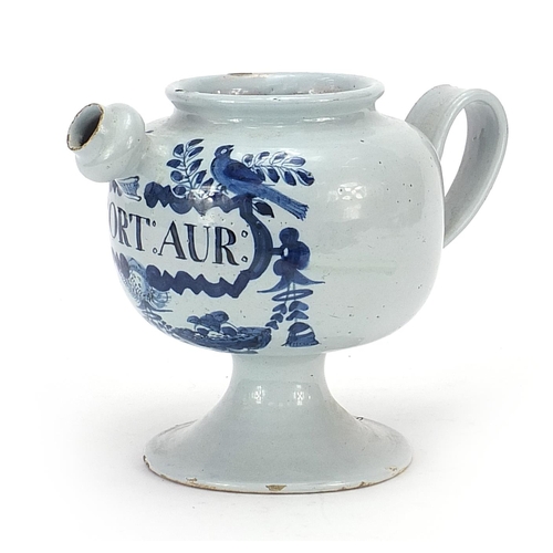 42 - 18th century Delft blue and white tin glazed drug jar with handle and spout, 18cm high