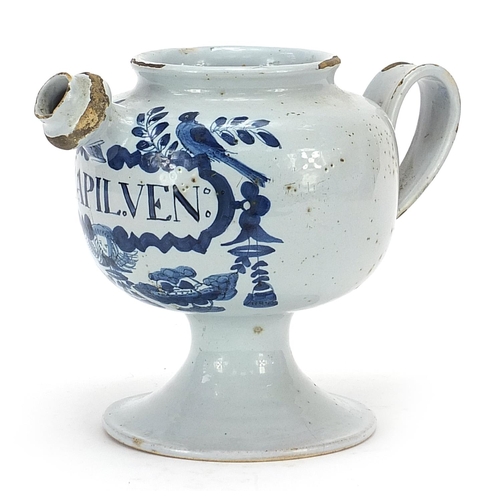 41 - 18th century Delft blue and white tin glazed drug jar with handle and spout, 18cm high