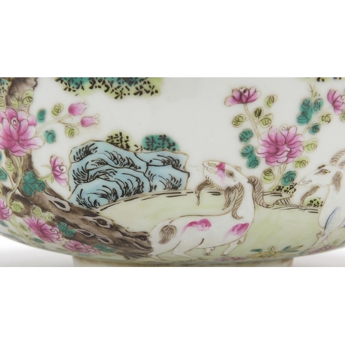 48 - Chinese porcelain famille rose bowl with goats, red six figure character marks to the base, 22cm in ... 