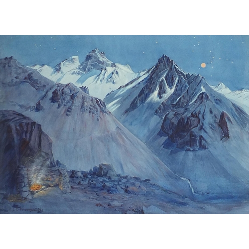 57 - Ernest Courtois de Bonnencontre - Moonlight, Argentinian Andes, watercolour, applied plaque to the m... 