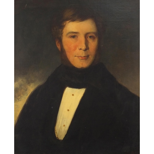 29 - Head and shoulders portrait of a gentleman wearing a cravat, Early 19th century oil on canvas, mount... 
