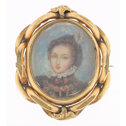 59 - Victorian oval hand painted portrait miniature of a female in Elizabethan dress housed in a gilt met... 