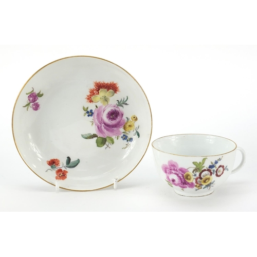 45 - Meissen, 19th century porcelain cup and saucer hand painted with flowers, the saucer 13.5cm in diame... 