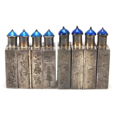 8 - Two Chinese unmarked silver concertina folding four section scent bottles, 8cm wide when opened