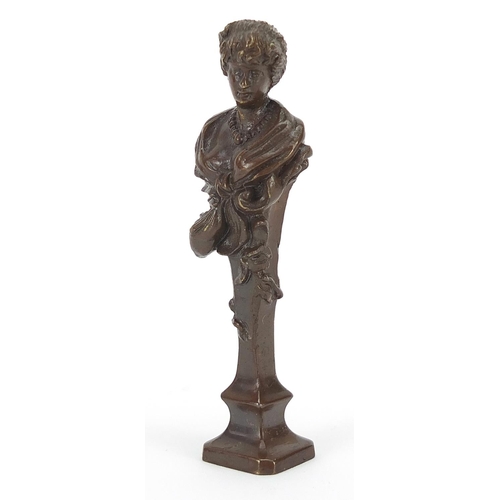 12 - Art Nouveau patinated bronze desk seal of a maiden, 18cm high