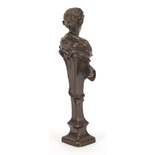 12 - Art Nouveau patinated bronze desk seal of a maiden, 18cm high