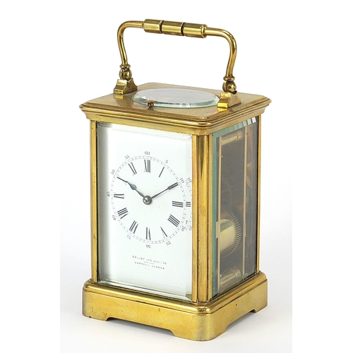 89 - Large French brass cased repeating carriage clock striking on a gong with enamel dial having Roman a... 