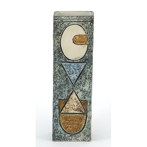 31 - Troika St Ives Pottery square section vase hand painted and incised with an abstract design, 22cm hi... 