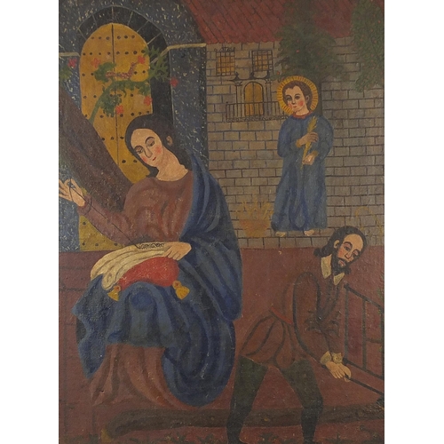 55 - Two angels and a figure sewing before a church, Cusco school oil on canvas, mounted and framed, 84cm... 