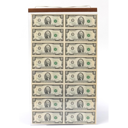 286 - Uncut sheet of sixteen United States of America two dollar bills