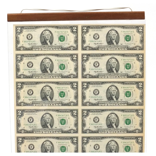 286 - Uncut sheet of sixteen United States of America two dollar bills