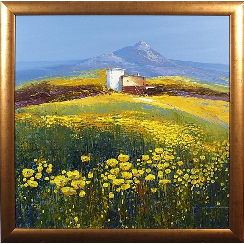 117 - John Horsewell - Continental villa before mountains, oil on canvas, framed, 79cm x 79cm excluding th... 