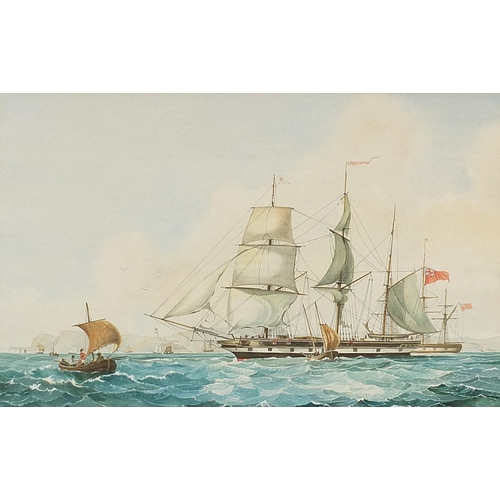 56 - British frigate on water, maritime watercolour, mounted, framed and glazed, 60cm x 37.5cm excluding ... 