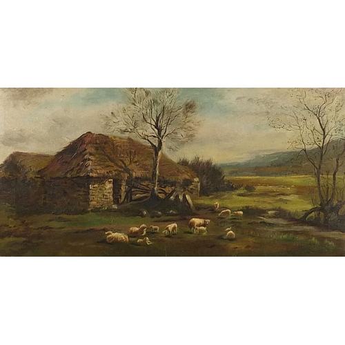 30 - Sheep before a cottage and landscape, oil on canvas, mounted and framed, 59.5cm x 29.5cm excluding t... 