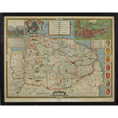 288 - John Speed, Antique hand coloured map of Norfolk, framed and glazed, 52.5cm x 40.5cm excluding the f... 