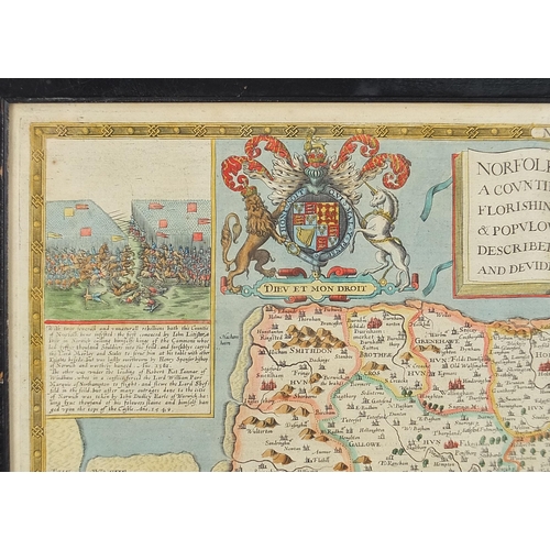 288 - John Speed, Antique hand coloured map of Norfolk, framed and glazed, 52.5cm x 40.5cm excluding the f... 