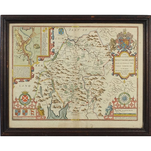 290 - John Speed, Antique hand coloured map of Westmorland, framed and glazed, 54cm x 42cm excluding the f... 