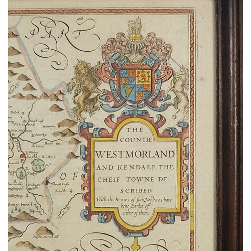 290 - John Speed, Antique hand coloured map of Westmorland, framed and glazed, 54cm x 42cm excluding the f... 