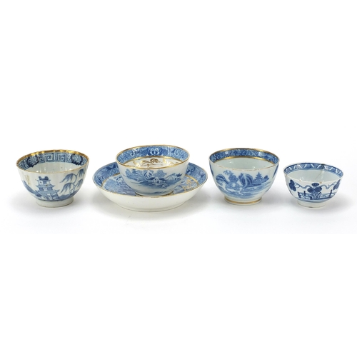 71 - 19th century English blue and white porcelain decorated in the chinoiserie manner comprising five te... 