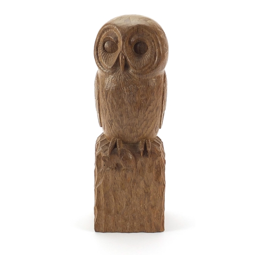 323 - Robert Mouseman Thompson, carved wood sculpture of an owl with mouse, 33.5cm high