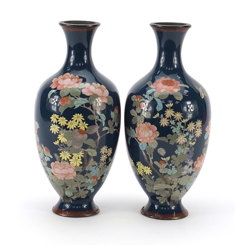 6 - Pair of Japanese cloisonne vases enamelled with birds amongst flowers, each 25cm high