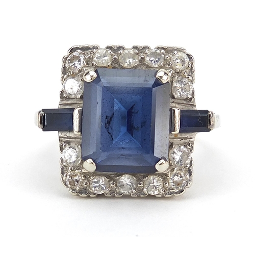 1584 - Art Deco 14ct white gold sapphire and diamond ring, the central sapphire approximately 11.5mm x 9.5m... 