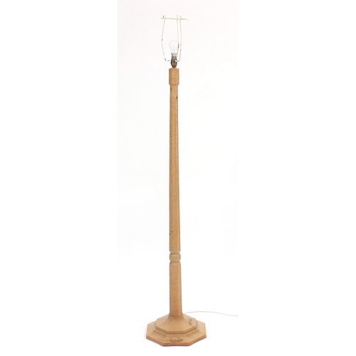 1454 - Robert Mouseman Thompson, adzed oak standard lamp with carved mouse, 145.5cm high