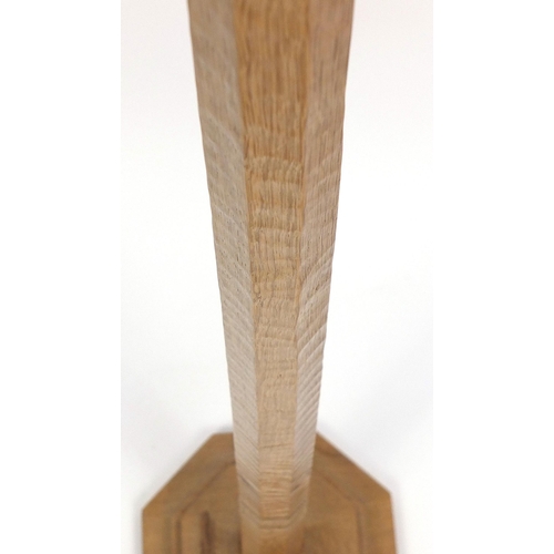 1454 - Robert Mouseman Thompson, adzed oak standard lamp with carved mouse, 145.5cm high