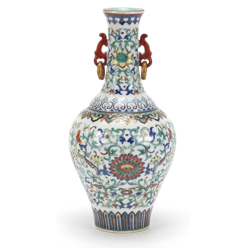 47 - Good Chinese doucai porcelain vase with iron red ring turned handles, finely hand painted with flowe... 