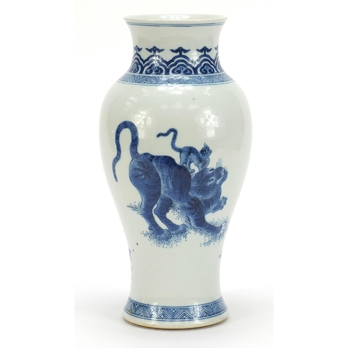49 - Chinese blue and white porcelain baluster vase hand painted with figures and two tigers, six figure ... 