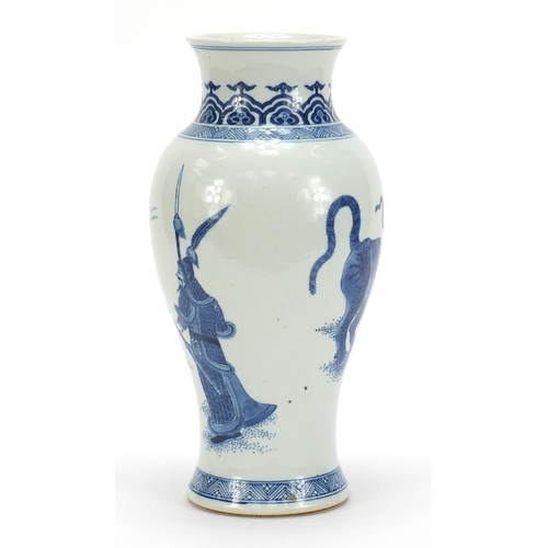 49 - Chinese blue and white porcelain baluster vase hand painted with figures and two tigers, six figure ... 