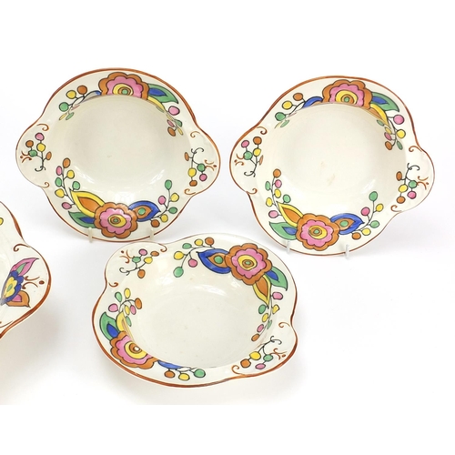 324 - Burleigh ware, Art Deco seven piece fruit set hand painted with stylised flowers, probably by Charlo... 