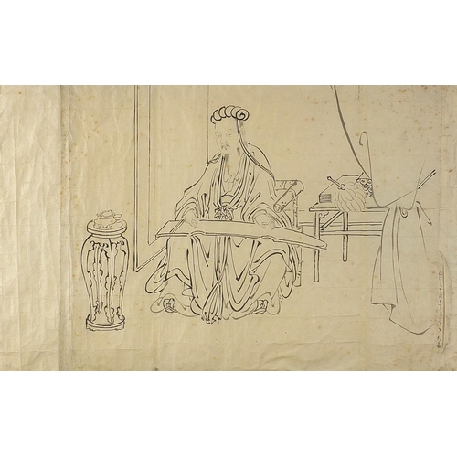 Emperor in an interior, Chinese ink on paper with character marks, mounted, unframed, 60.5cm x 37.5cm excluding the mount