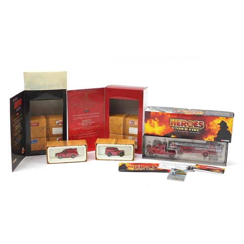 Three Corgi diecast model gift sets comprising Heros Under Fire, Royal Mail CP99145 and Royal Mail CP99136