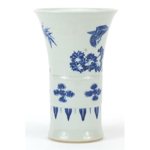 32 - Chinese blue and white porcelain Gu beaker vase, hand painted with birds amongst foliage, 20.5cm hig... 