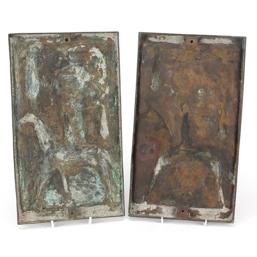 55 - Two Scandinavian style bronze plaques each depicting a stylised figure on horseback, 37.5cm x 21cm
