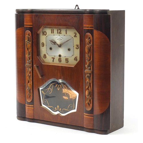 35 - MAP, French Art Deco walnut wall clock with Westminster chime, 55cm H x 53cm W x 17cm D