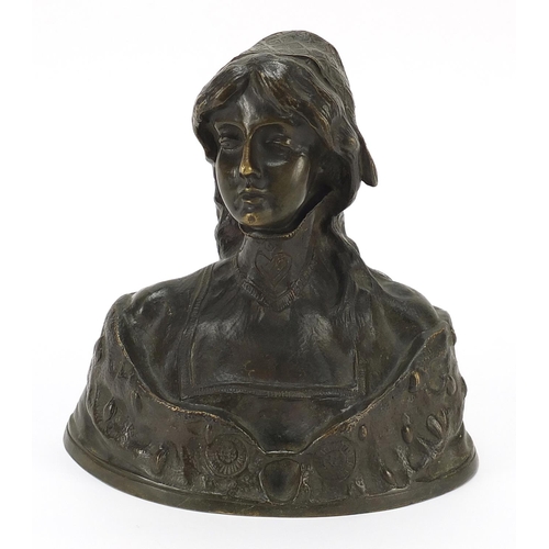 54 - Art Nouveau patinated bronze bust of a female, 20cm high