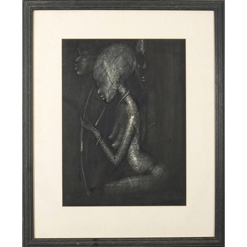 46 - Simon Okeke 1963 - Three nude females, Nigerian mixed media, mounted, framed and glazed, 37cm x 27cm... 