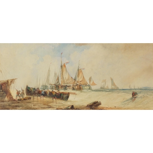 48 - William Callcott Knell - Coastal scene with boats and figures, 19th century maritime watercolour, de... 