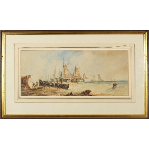 48 - William Callcott Knell - Coastal scene with boats and figures, 19th century maritime watercolour, de... 
