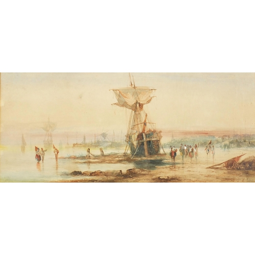 47 - William Callcott Knell 1859 - Coastal scene with moored boat and figures, 19th century watercolour, ... 
