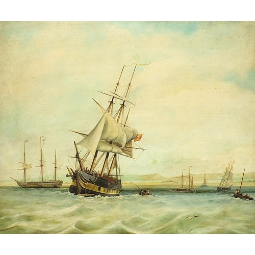 28 - Boats on water, antique maritime oil on canvas, mounted and framed, 74cm x 61cm excluding the mount ... 