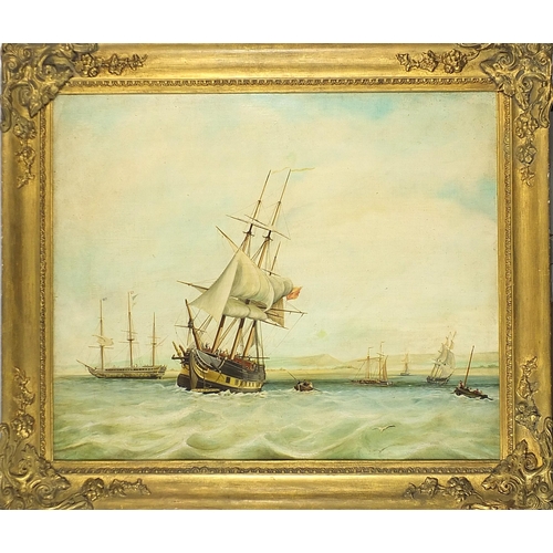 28 - Boats on water, antique maritime oil on canvas, mounted and framed, 74cm x 61cm excluding the mount ... 