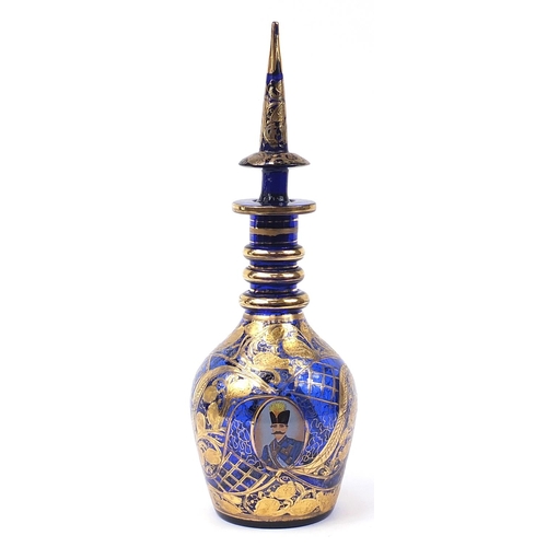 45 - Large Bohemian cobalt blue glass decanter for the Islamic market with portrait of Naser al-Din Shah ... 