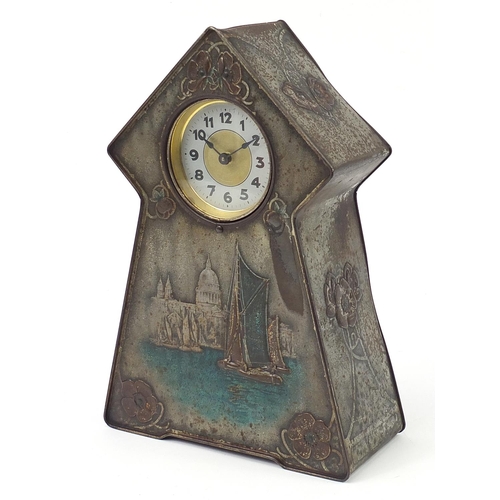 51 - Art Nouveau Victory V tin mantle clock advertising Fryer & Co, 37cm high