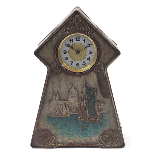 51 - Art Nouveau Victory V tin mantle clock advertising Fryer & Co, 37cm high